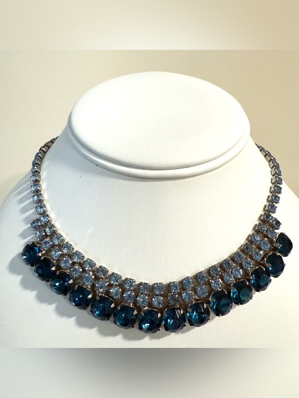 Vintage Blue High End Rhinestone Necklace Silver Tone Mid Century Modern